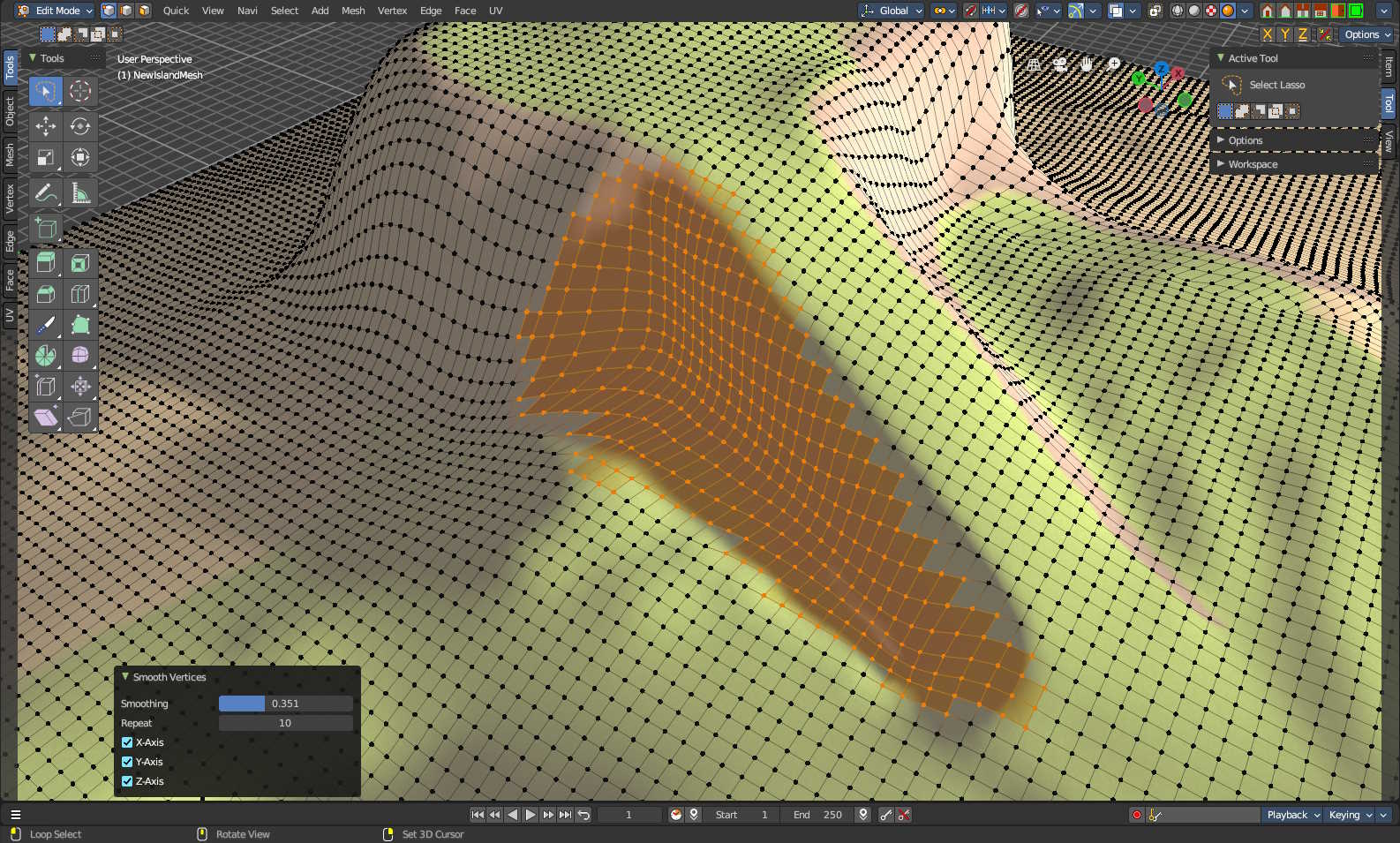 Blender screenshot showing the previous terrain but smoothed.